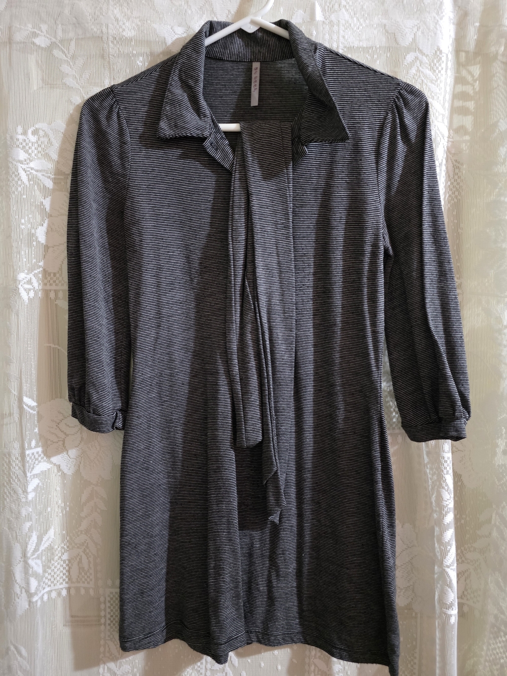BE COOL Grey Striped Tunic with Tie Neck